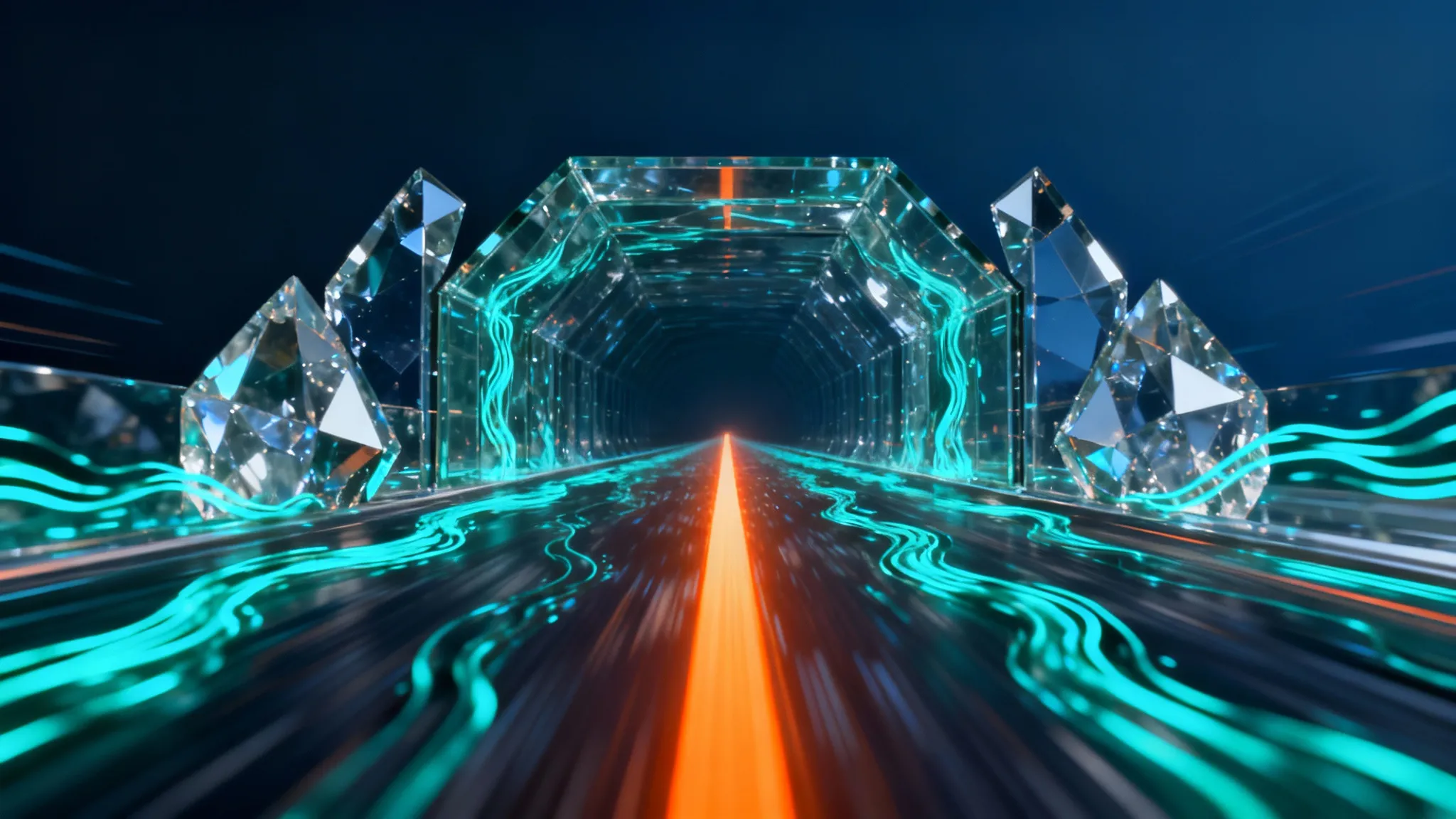 Extremely photorealistic and breathtaking render of an abstract data flow tunnel, focusing on micro-texture detail. Background is a deep void of Dark Blue. A vortex of vibrant Teal energy, composed of billions of luminous digital threads, rushes violently toward the viewer, emphasizing speed. A single, sharp Orange beam of light cuts through the vortex, symbolizing rapid acceleration and future-proofing growth. Cinematic 16:9 aspect ratio.